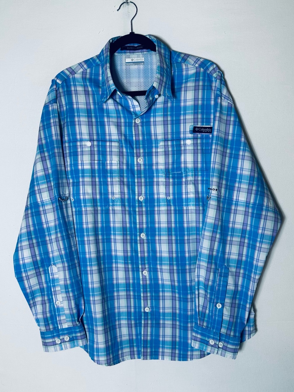 Columbia PFG Blue Purple Plaid Super Tamiami Long Sleeve Fishing Shirt L Gorpcor